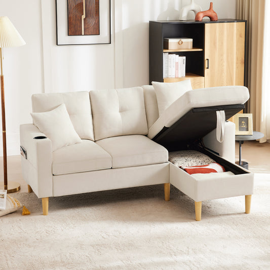 L-shaped sofa with chaise and storage, beige