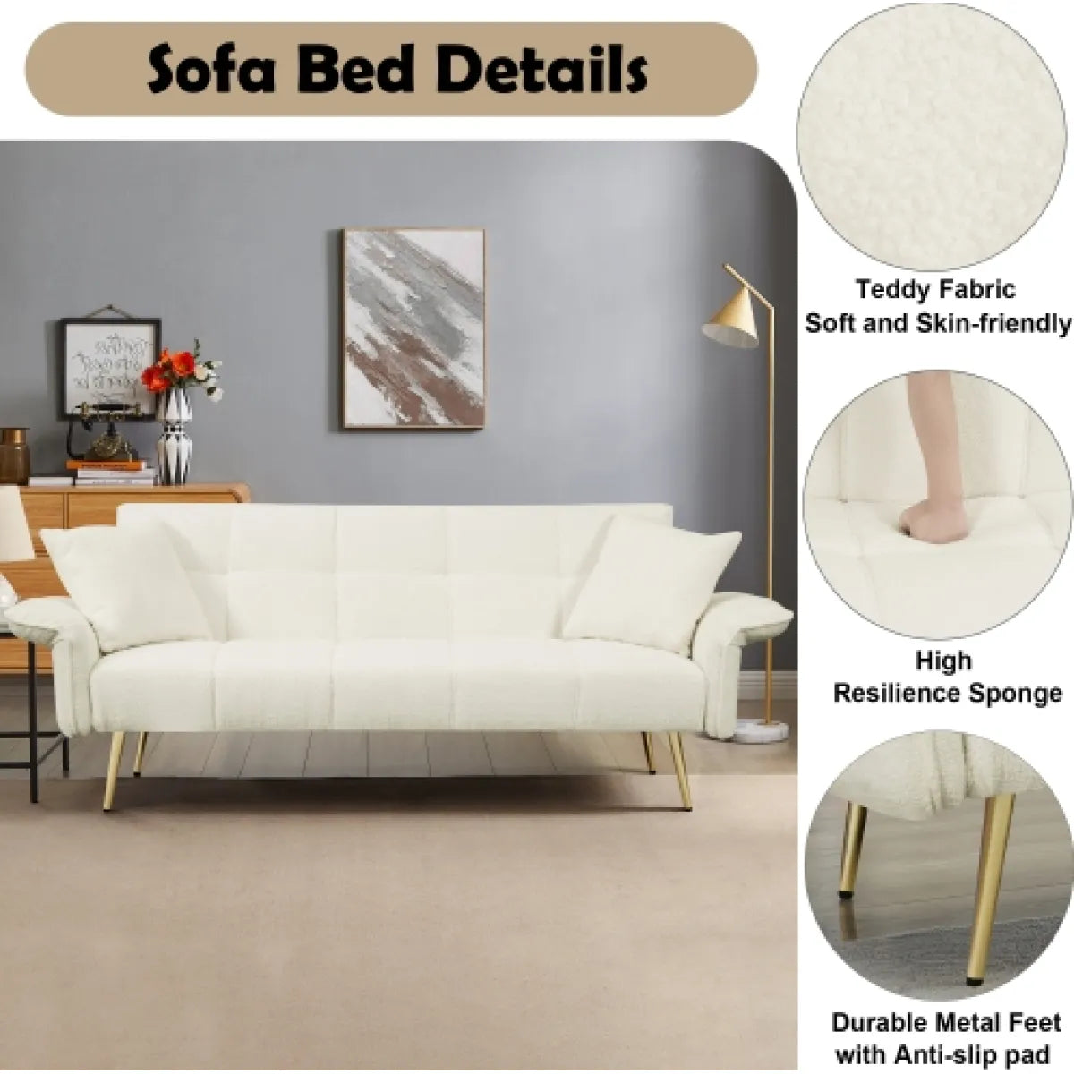 70" Futon Sofa Bed, Convertible Sofa with Folding Armrests – view 2