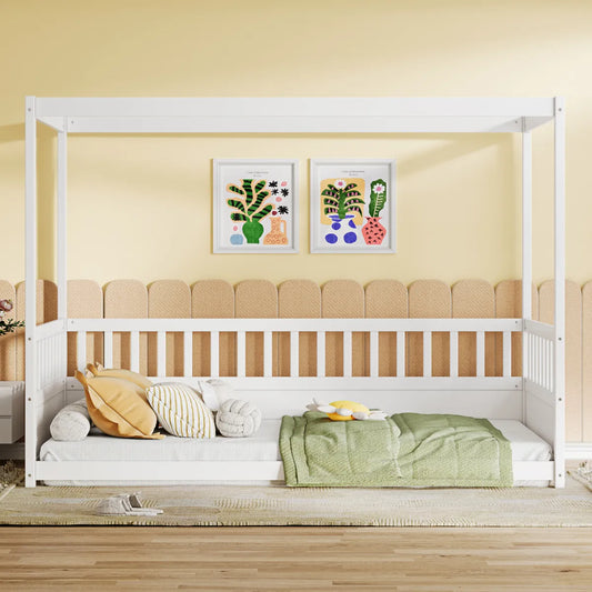 Twin Canopy Bed Frame with Guardrails, Kids Montessori Floor Bed