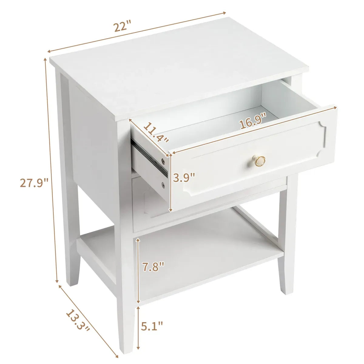 White Wood Nightstand with 2 Drawers and Open Shelf
