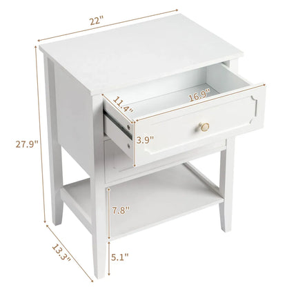 White Wood Nightstand with 2 Drawers and Open Shelf