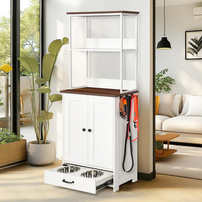 Pet Feeding Station with Bowls and Storage, Dark Brown White