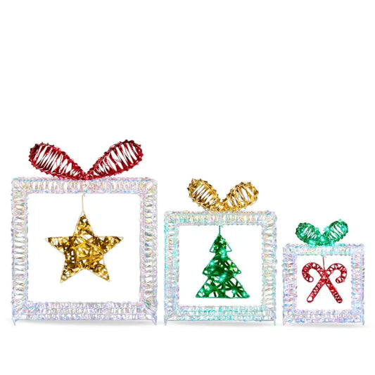 Set of 3 Pre-Lit Iridescent Gift Box Christmas Decorations with White LED Lights
