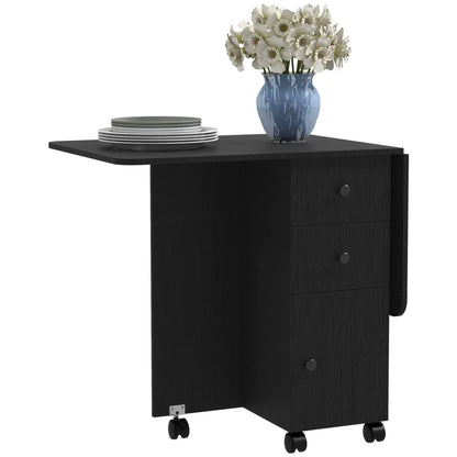 Drop Leaf Dining Table on Wheels with Drawers and Storage Cabinet, Black