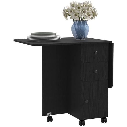 Drop Leaf Dining Table on Wheels with Drawers and Storage Cabinet, Black