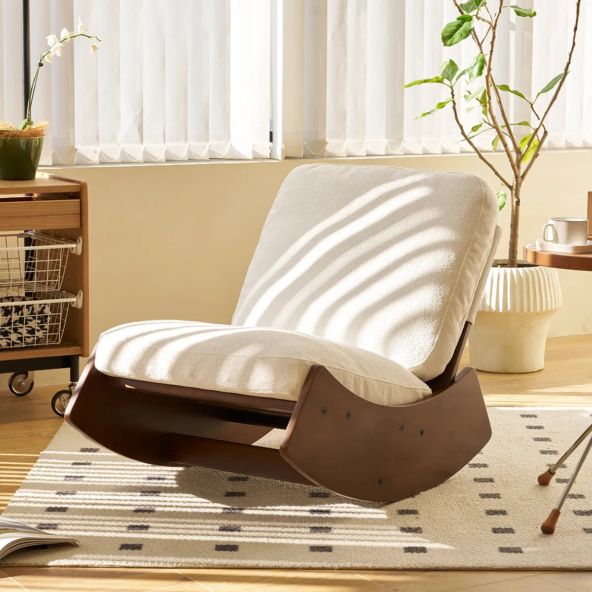 Comfortable Glider Rocking Chair – Corduroy Upholstery, Solid Wood Frame, White – view 2