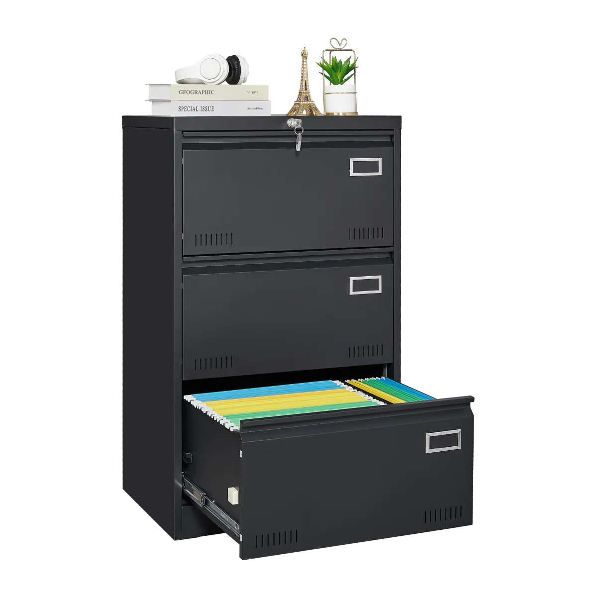 Lateral 3-Drawer Metal File Cabinet, Black – Locking Office Storage