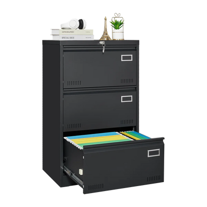 Lateral 3-Drawer Metal File Cabinet, Black – Locking Office Storage