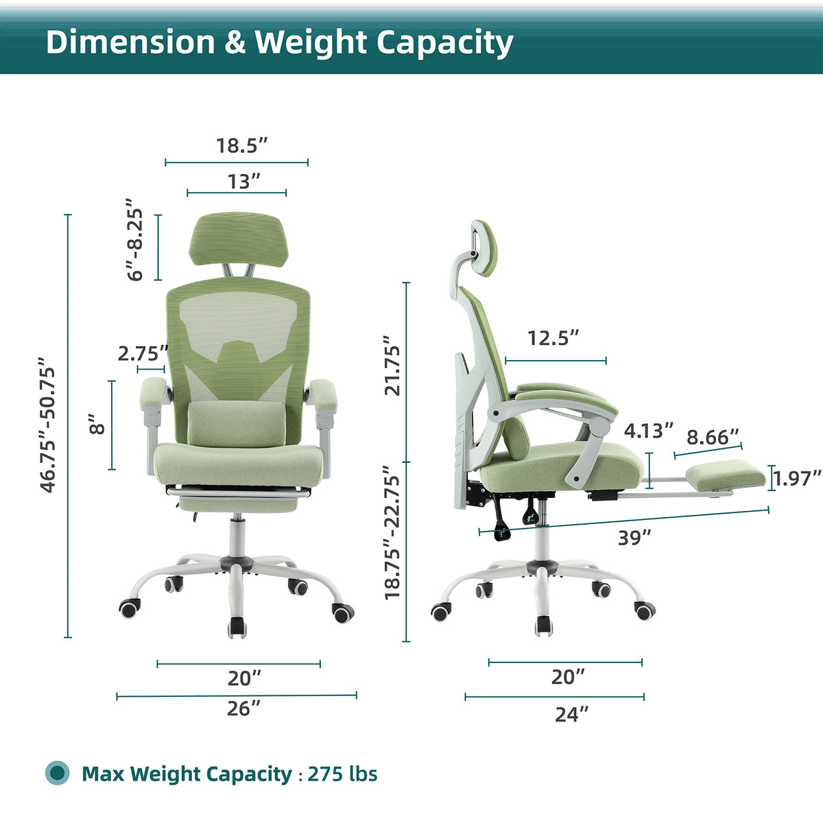 Reclining ergonomic office chair with footrest