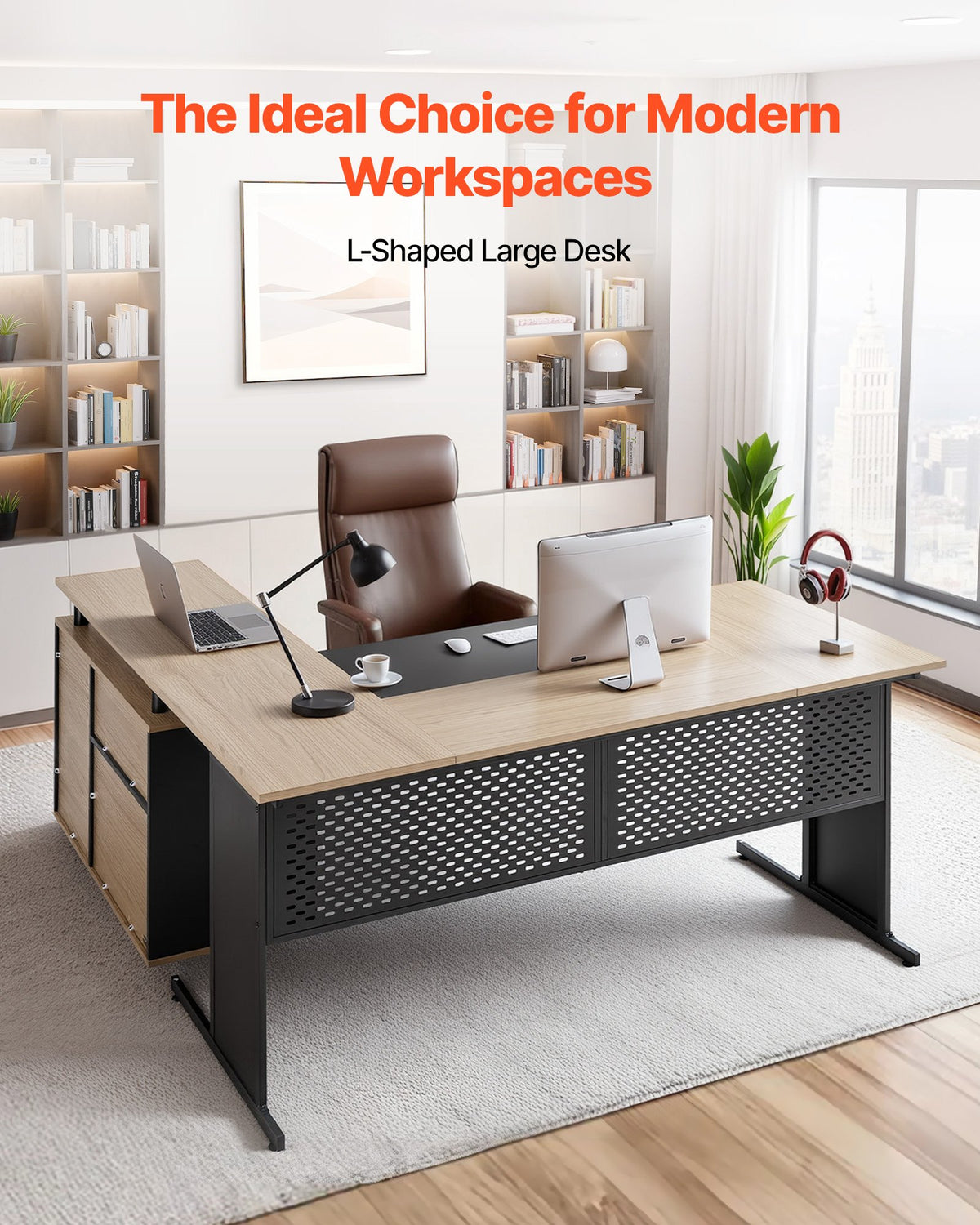 L-shaped executive desk with lockable drawers
