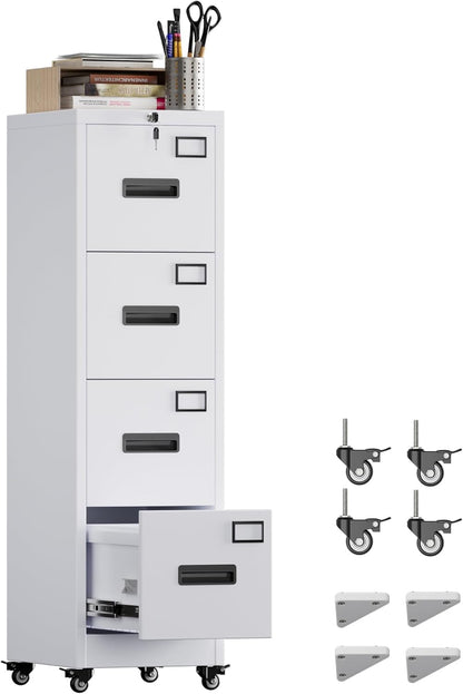 Lockable 4-drawer file cabinet on wheels, White