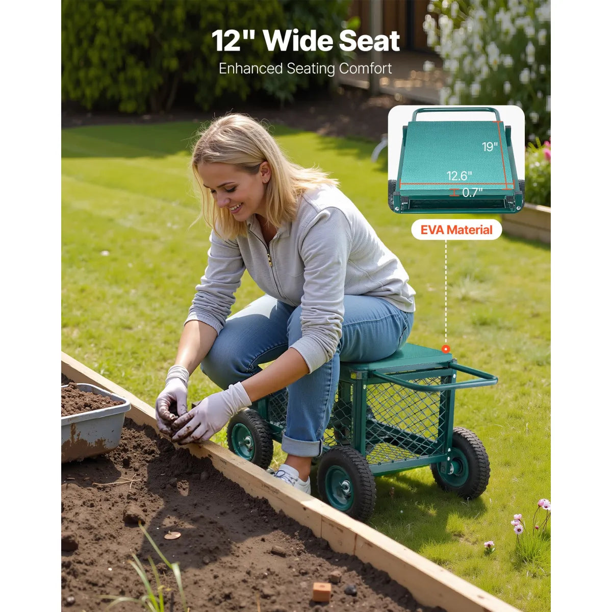 Rolling Garden Seat with Storage – Heavy-Duty Metal Gardening Cart Stool