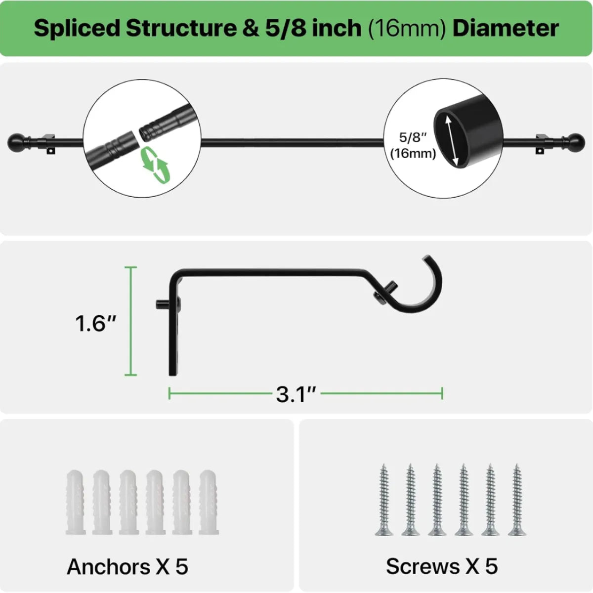 Adjustable Curtain Rod Set – Black Metal Drapery Rod with Brackets