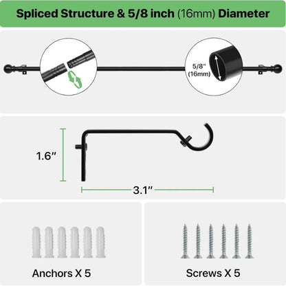 Adjustable Curtain Rod Set – Black Metal Drapery Rod with Brackets