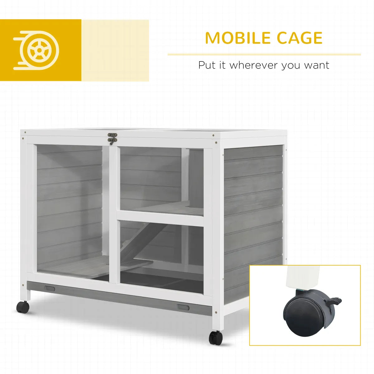 Desk-Sized Rabbit Hutch with Wheels, Grey