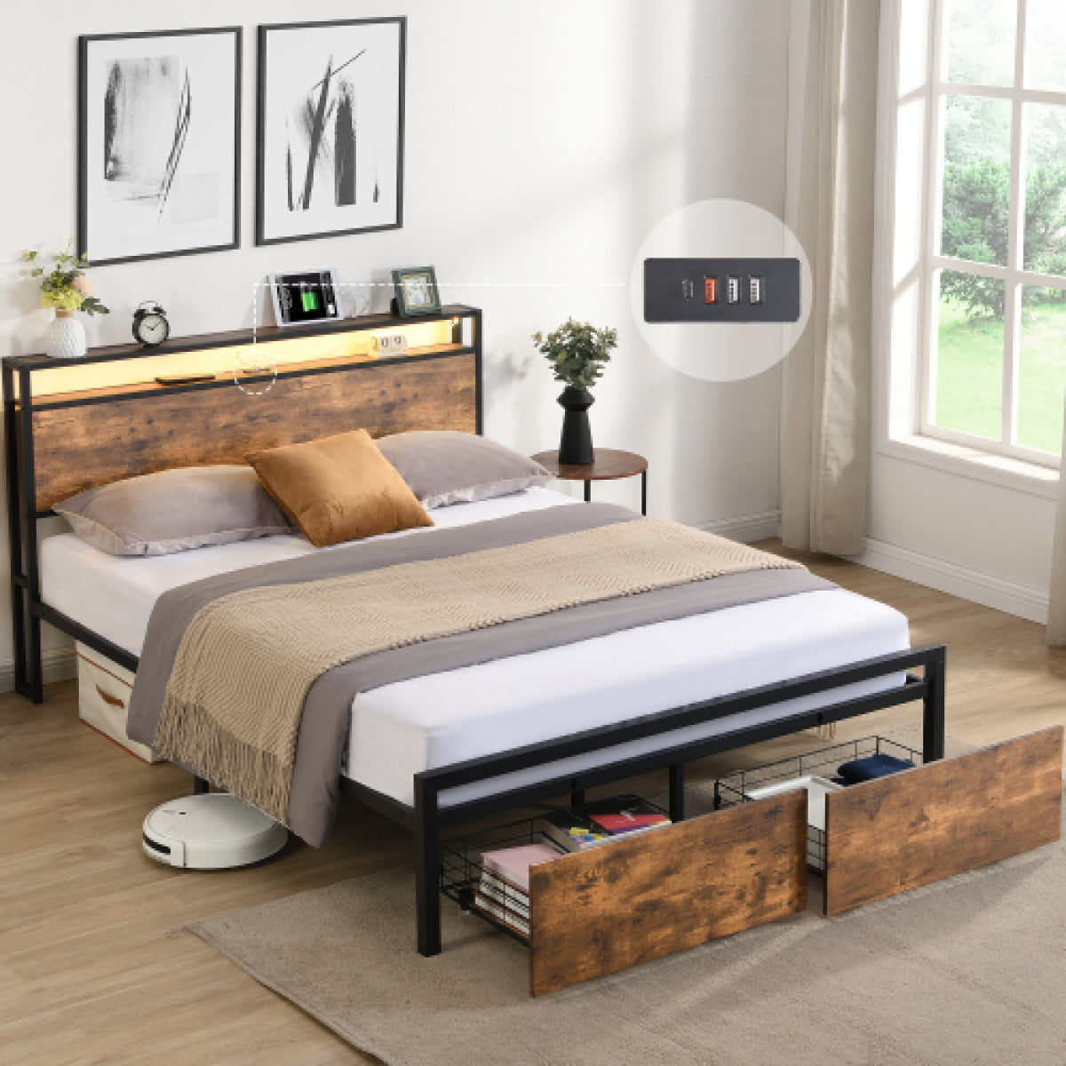 Full Size LED Platform Bed Frame – Metal & Wood, Storage Headboard