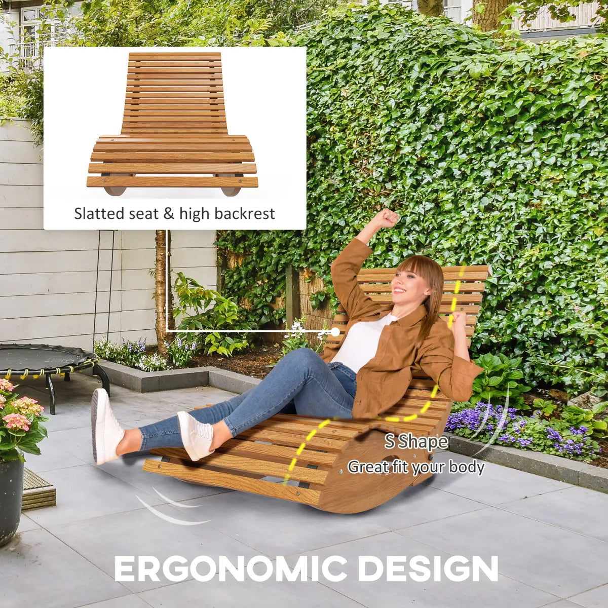 Outdoor Slatted Teak Rocking Chaise Lounger, Wooden Patio Rocker
