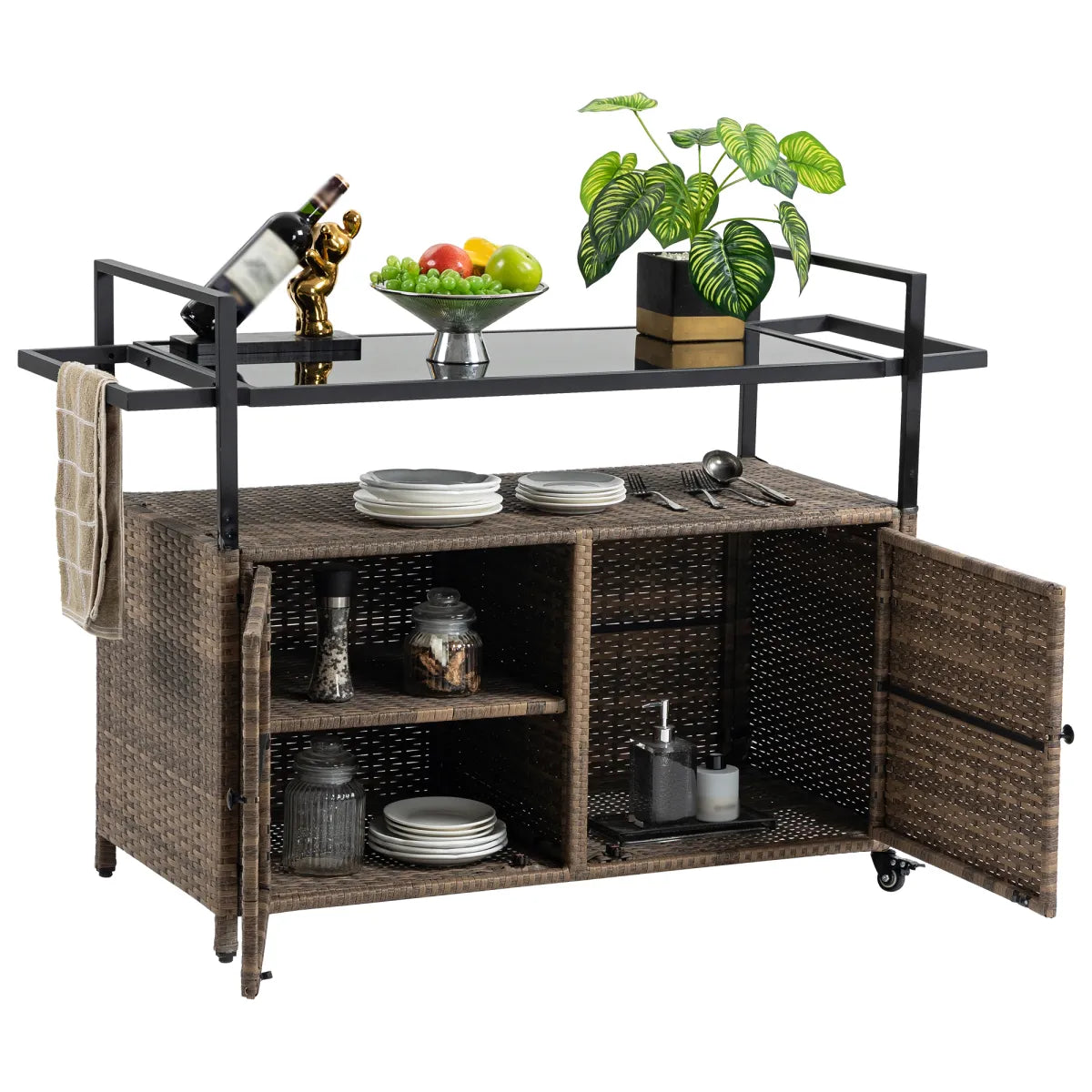 Outdoor Wicker Rolling Bar Cart with Glass Top