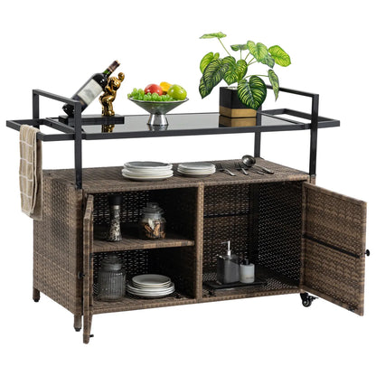 Outdoor Wicker Rolling Bar Cart with Glass Top
