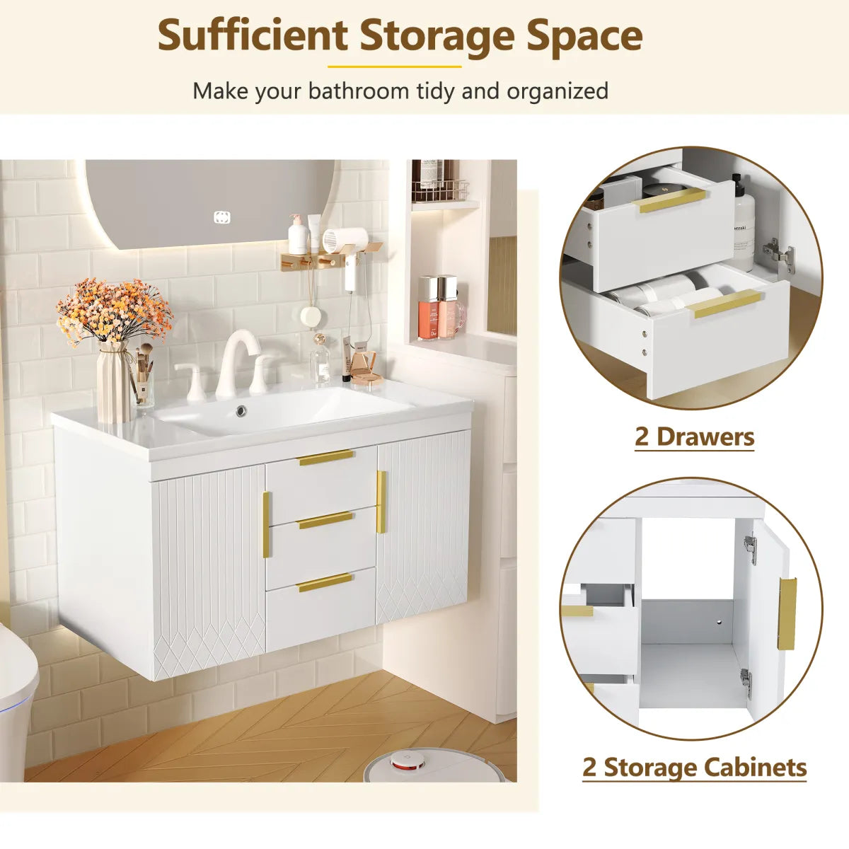 Wall-Mounted Floating Bathroom Vanity Cabinet, White