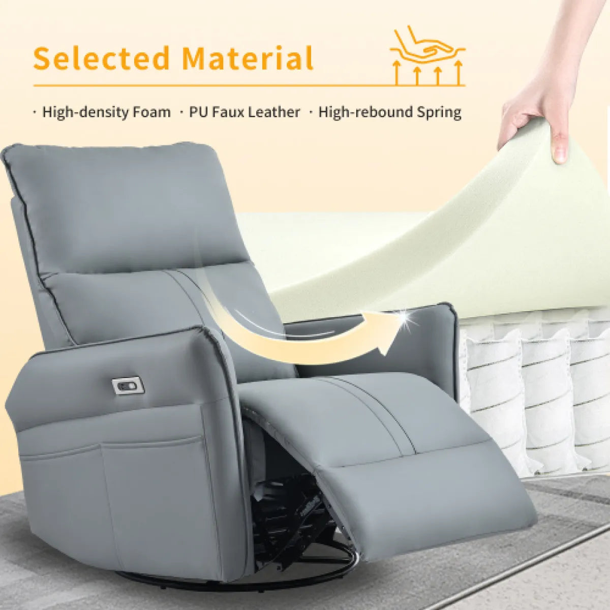 270° Power Swivel Rocker Recliner Chair – PU Leather Glider with USB Ports, Light Gray – view 6