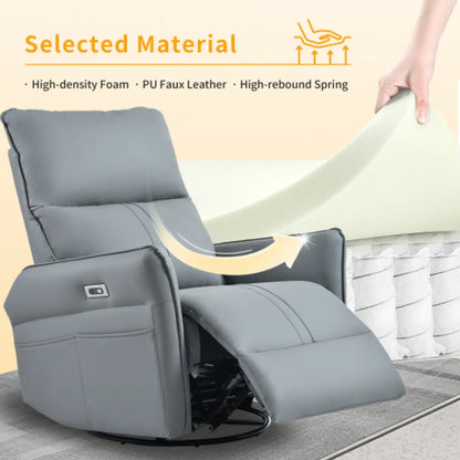 270° Power Swivel Rocker Recliner Chair – PU Leather Glider with USB Ports, Light Gray – view 6