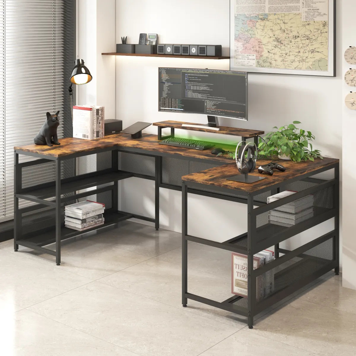 U-Shaped Gaming Desk with LED Strip & Power Outlets