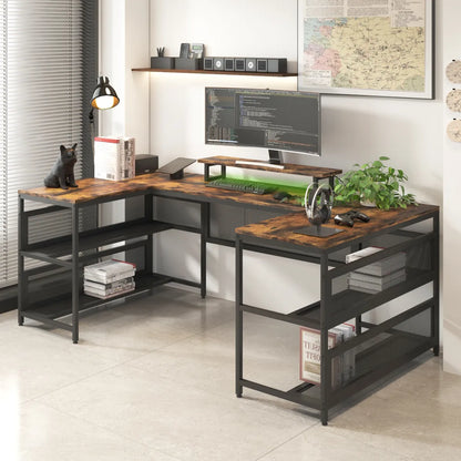 U-Shaped Gaming Desk with LED Strip & Power Outlets