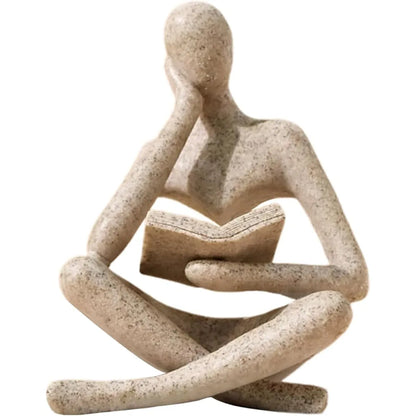 Beige Abstract Thinker Statue, Modern Reading Sculpture Figurine for Shelf and Desk