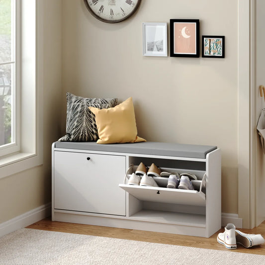 Cushioned Shoe Storage Bench with Cabinet for Entryway