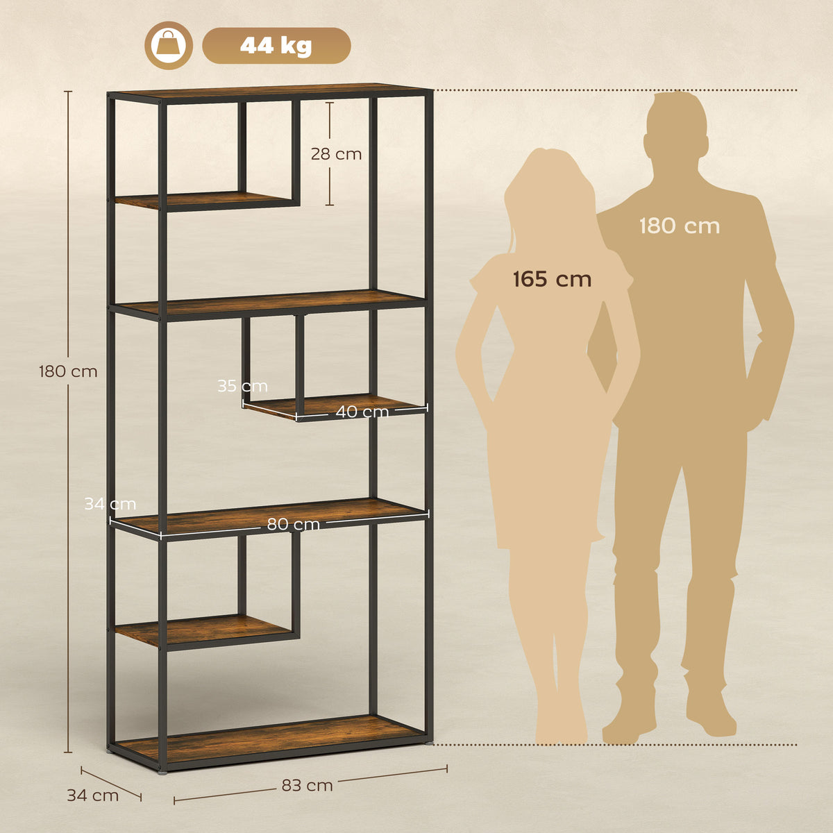 Industrial 6-tier bookcase, rustic brown