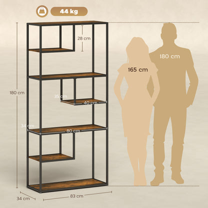 Industrial 6-tier bookcase, rustic brown
