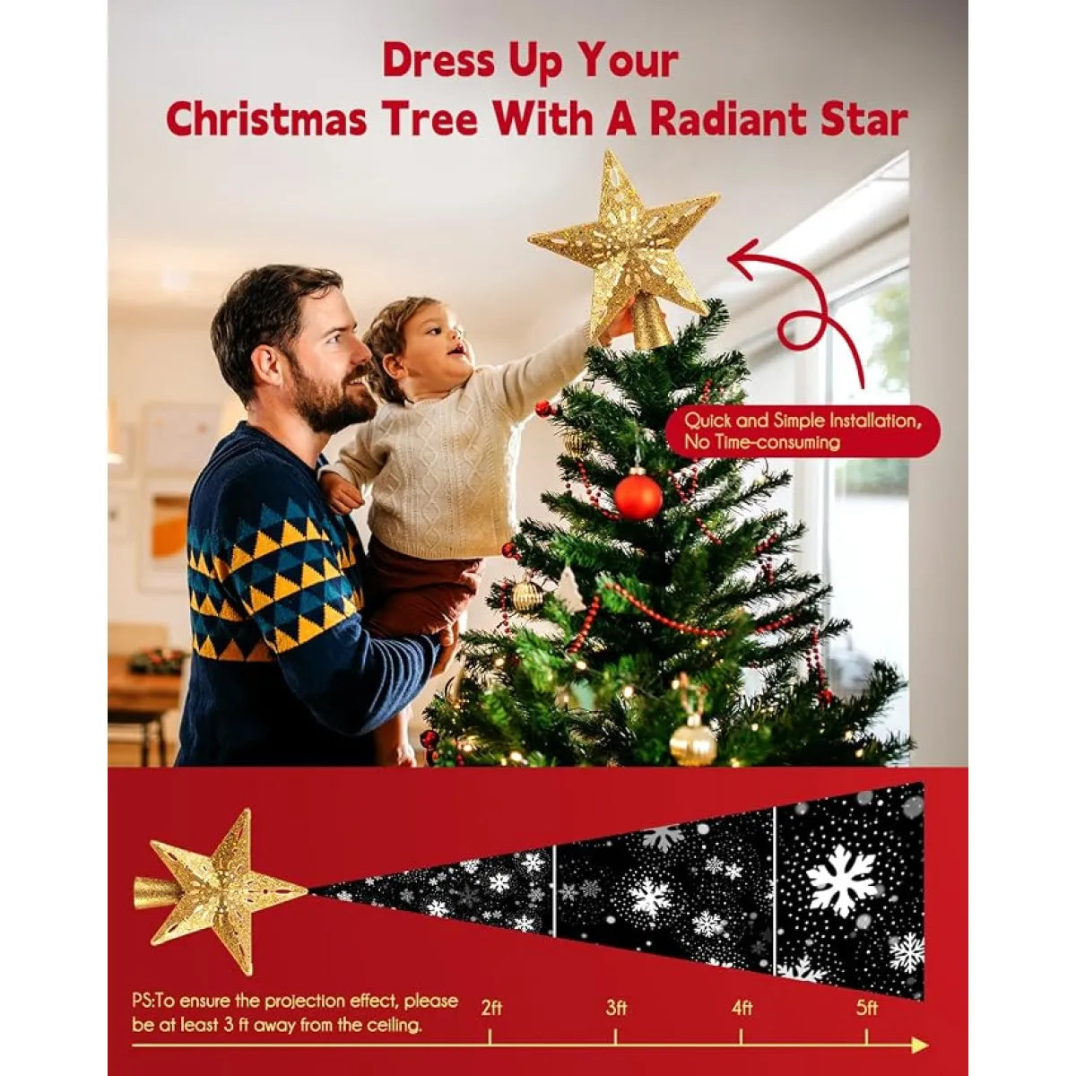 Star Christmas Tree Topper with Snowflake Projector Lights