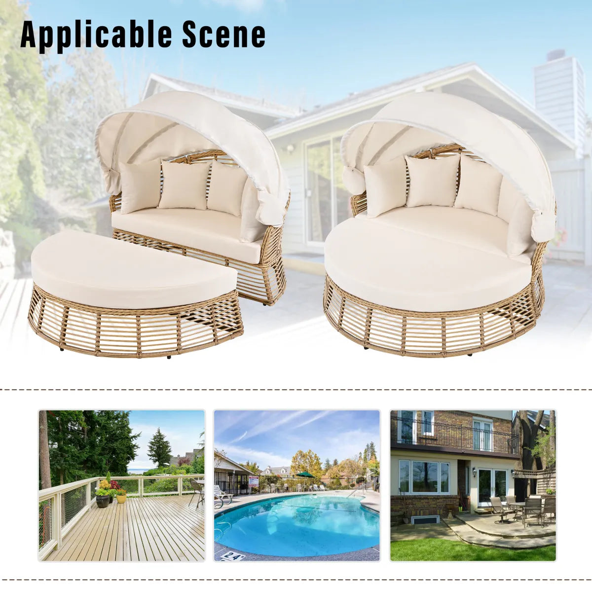 Round Wicker Outdoor Daybed with Retractable Canopy and Removable Cushions, Beige