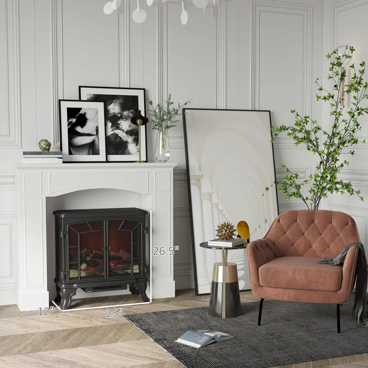 Modern Fireplace Surround Mantel with Decorative Pattern, White