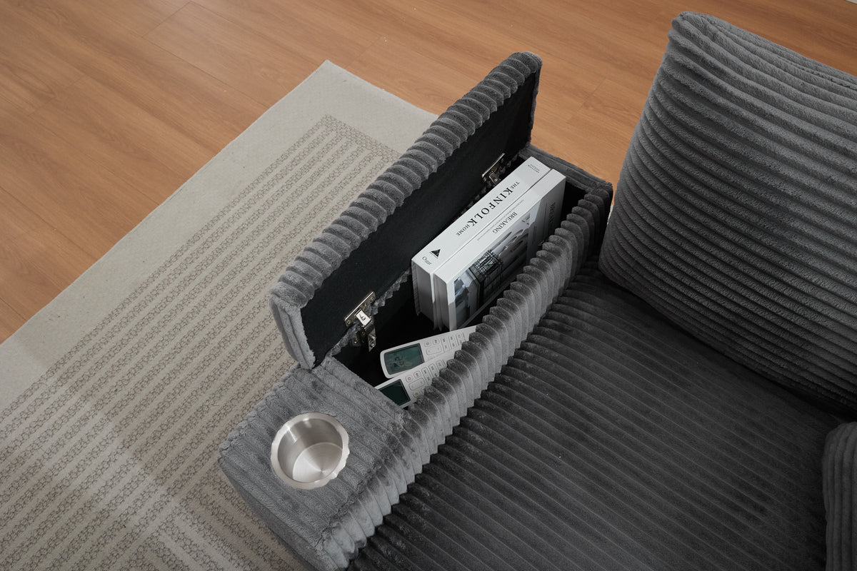 Corduroy Chaise Lounge Sofa with Ottoman, Grey – alternate view 1
