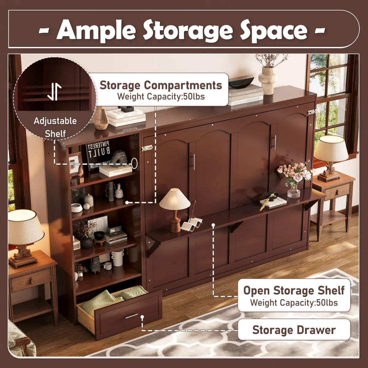 Queen Murphy Wall Bed with Adjustable Side Shelves and Drawer, Walnut