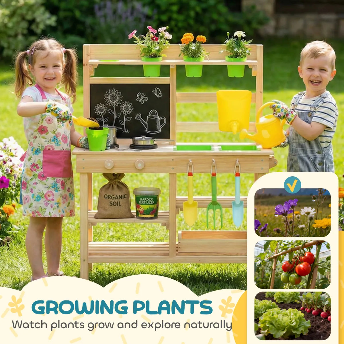 Kids Wooden Mud Kitchen – Outdoor Pretend Play with Garden Tools