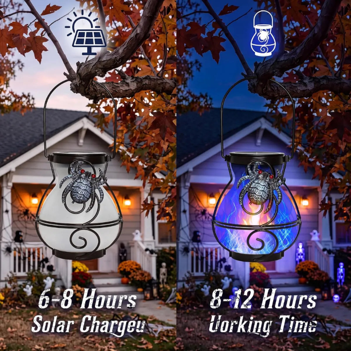 Halloween Solar Spider Lanterns, Set of 2, Flickering Flame