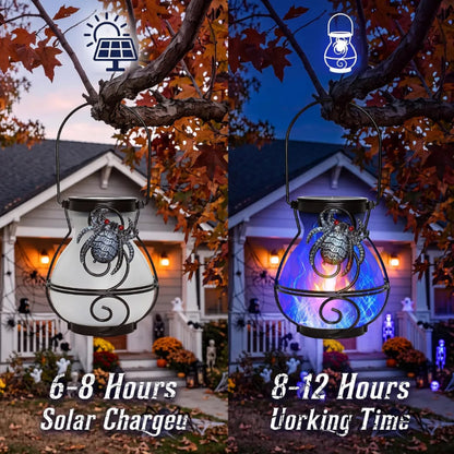 Halloween Solar Spider Lanterns, Set of 2, Flickering Flame