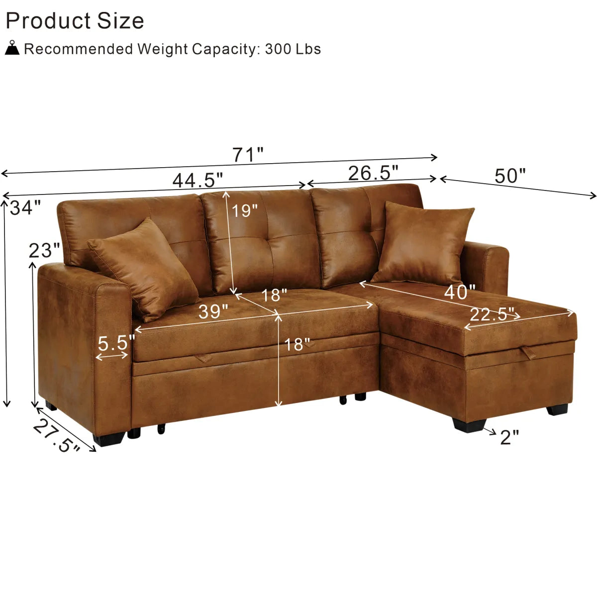 L-Shaped Pull-Out Sleeper Sofa – Reversible Chaise, Storage Sectional, Light Brown – view 8