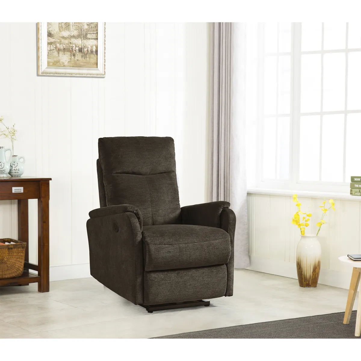 Chenille Power Recliner Chair with Side Pocket, Dark Brown