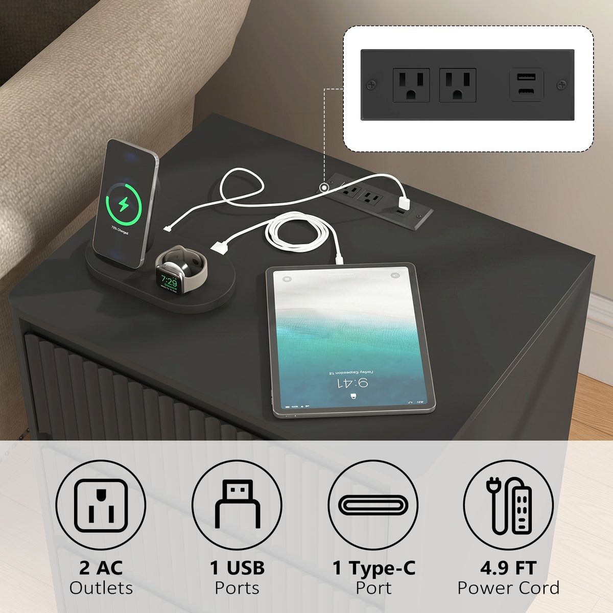 Set of 2 End Tables with USB-C Charging, Black – alternate view 4