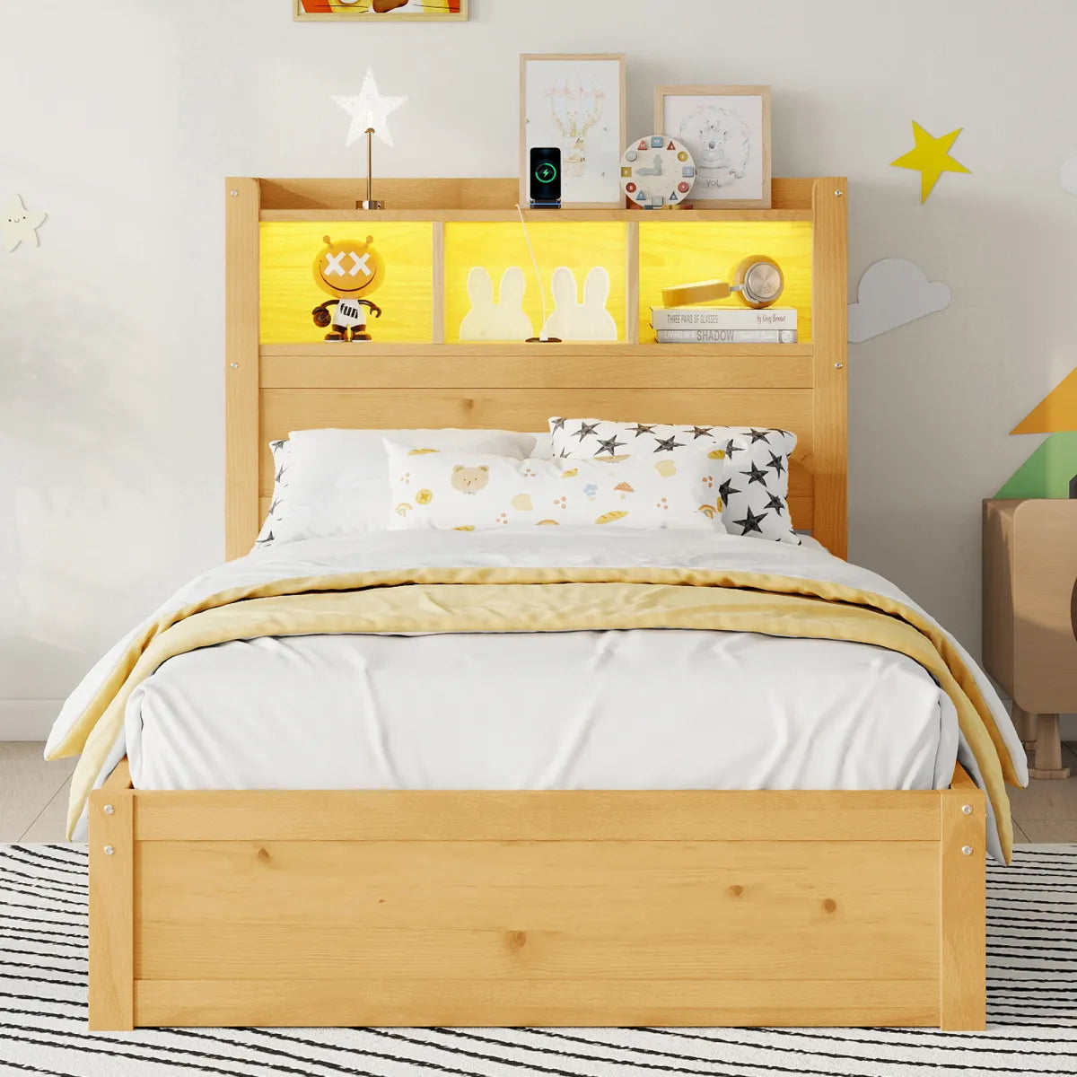 Twin Wood Bed Frame with Storage Headboard, Pull-Out Cabinet. – view 2