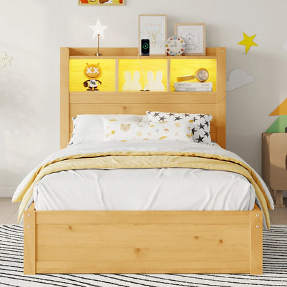 Twin Wood Bed Frame with Storage Headboard, Pull-Out Cabinet. – view 2