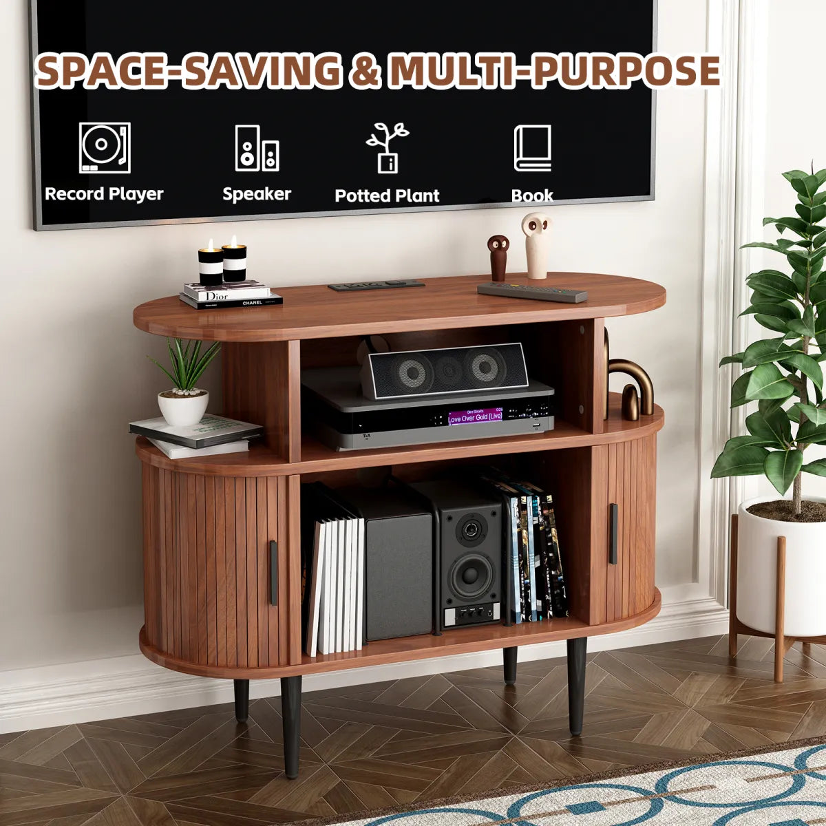 Round Record Player Stand with Charging Station, Walnut