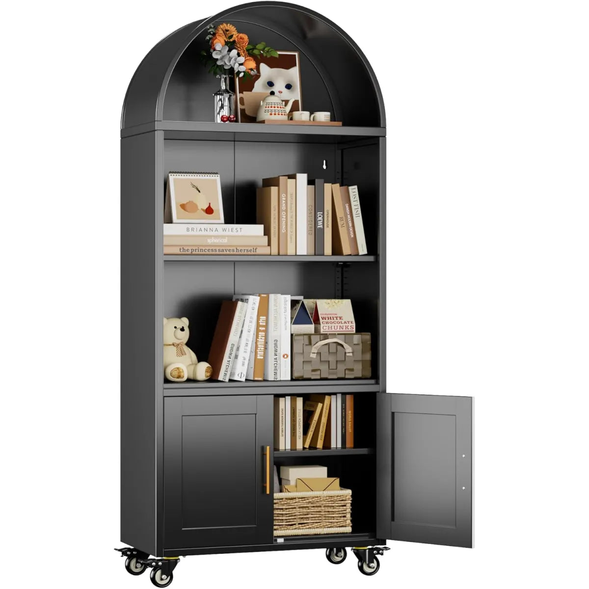 Metal Arched Bookcase with Wheels, Black – Freestanding Storage Cabinet