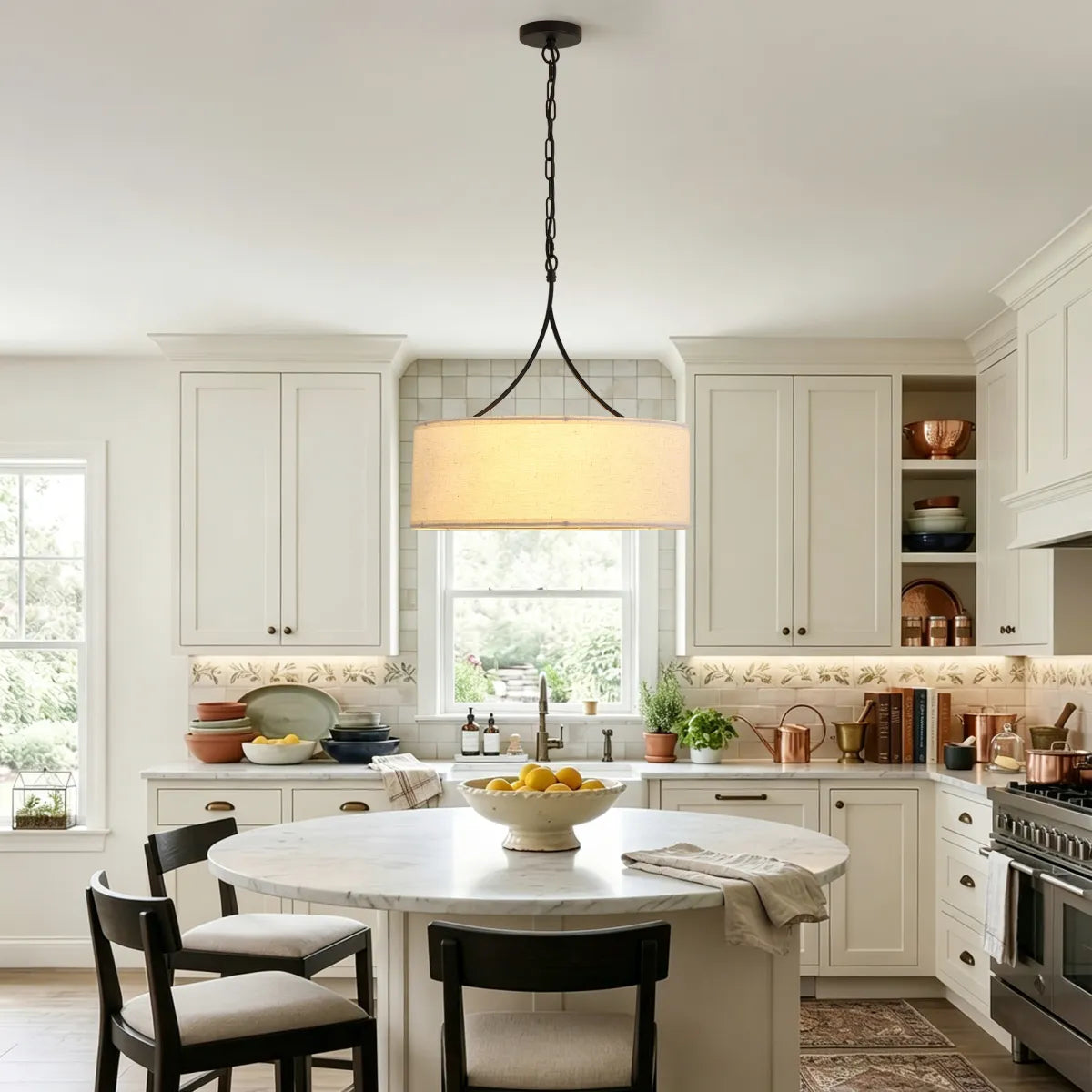 Modern 3-Light Fabric Pendant Light, Black – Adjustable Kitchen Island Lighting