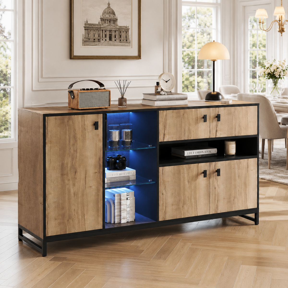 Modern sideboard cabinet with glass shelves