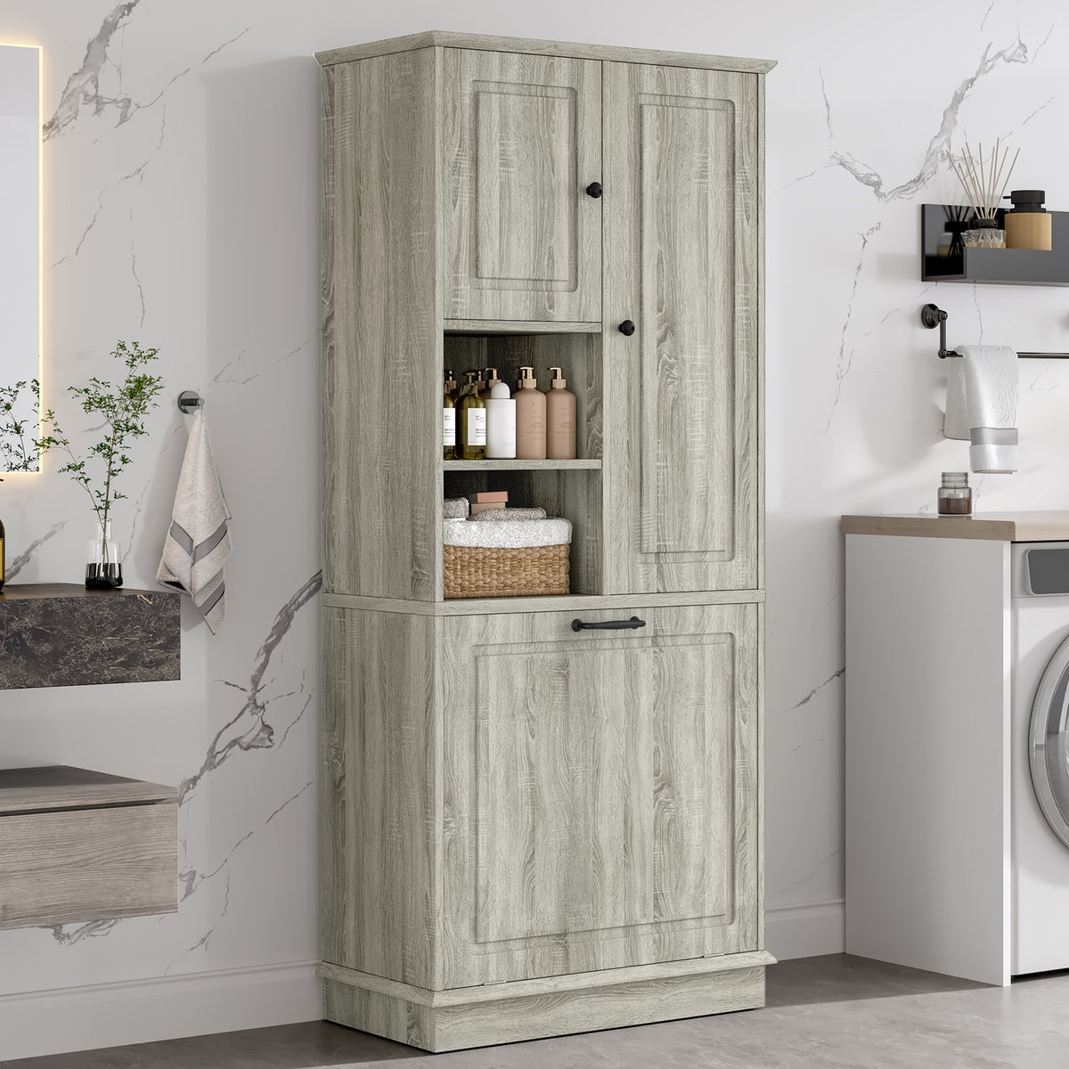 Tall Storage Cabinet with Flip-Out Basket, Oak – alternate view 4